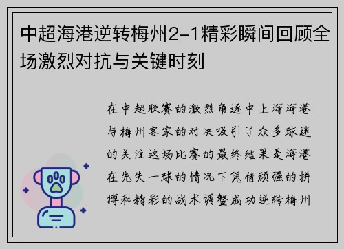 中超海港逆转梅州2-1精彩瞬间回顾全场激烈对抗与关键时刻